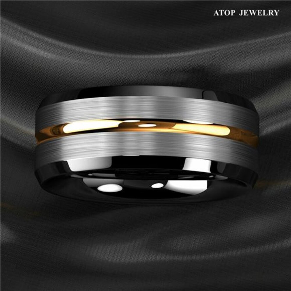 Men's Wedding Band - Silver Brushed Black Edge With Gold Line - Rings View 4